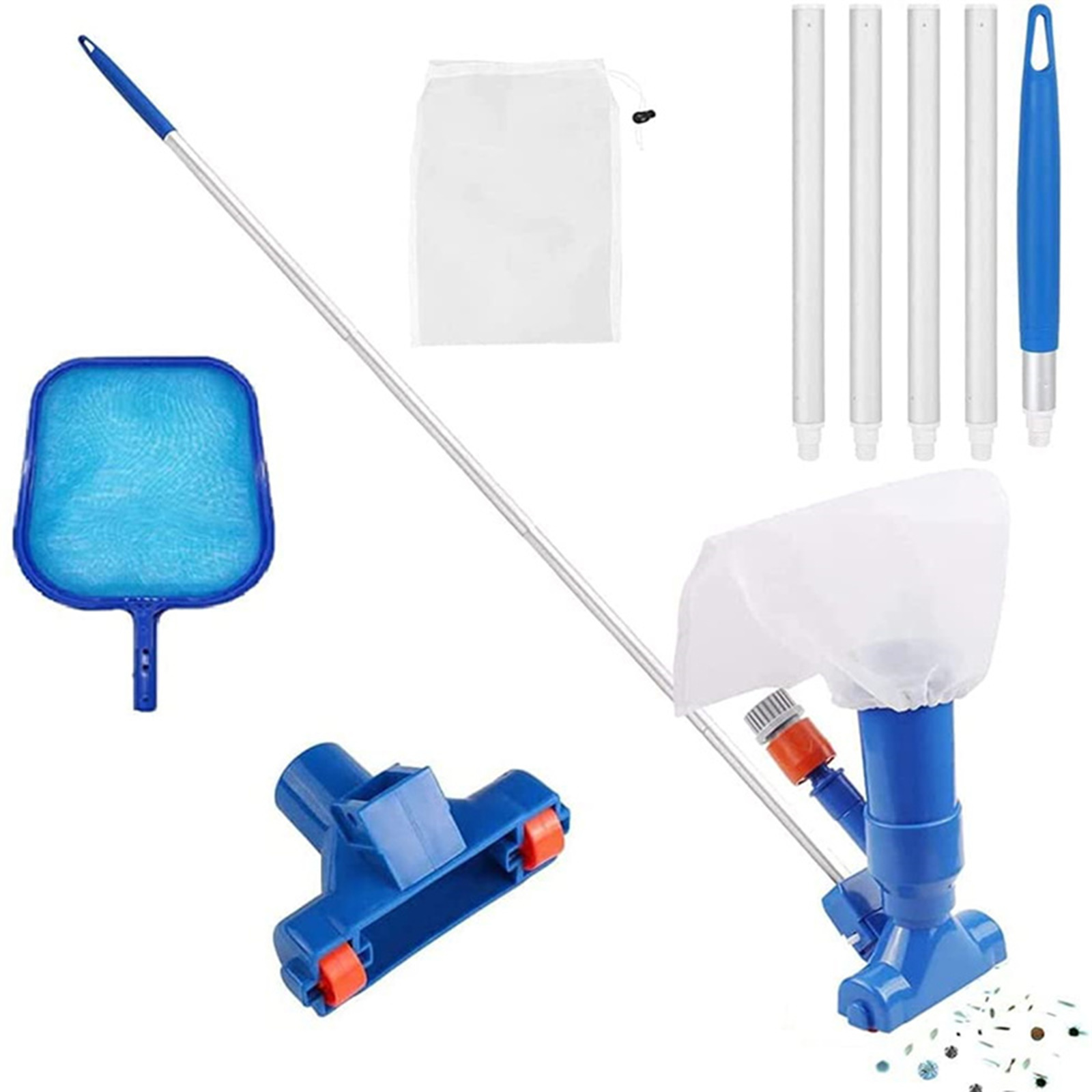 Portable Pool Vacuum Cleaner Kit with 5 Section Pole and Mesh Bags Pool Cleaning Accessories for Above Ground Pool, Size: Large